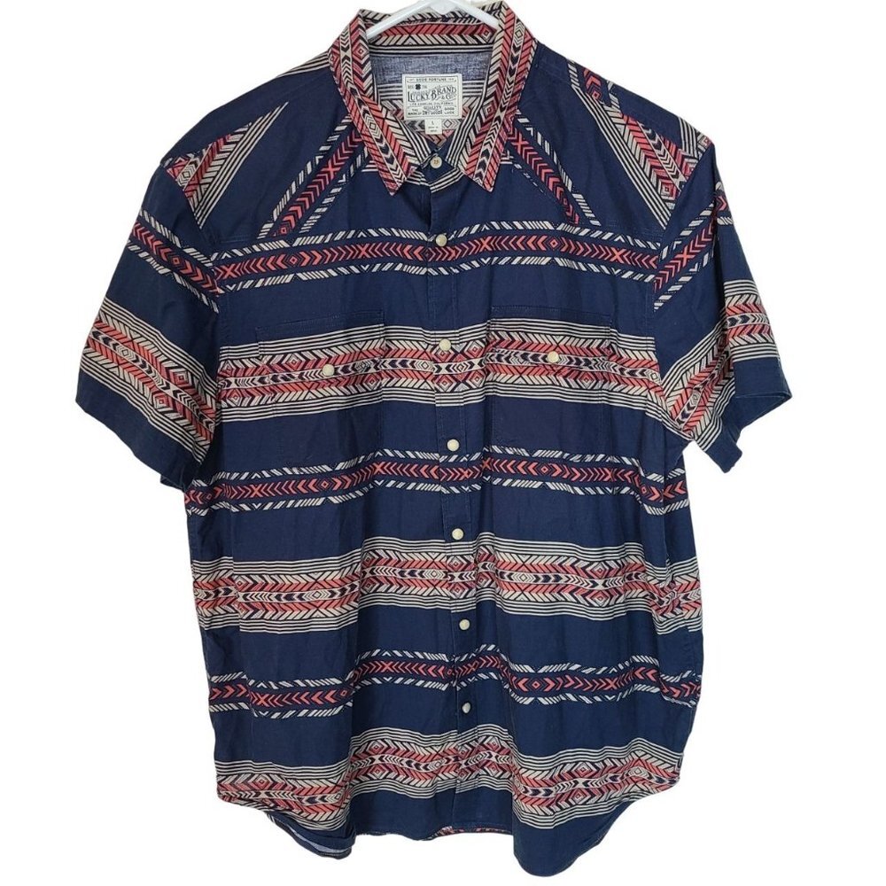 Lucky Brand Mens L Blue Southwestern Short Sleeves Snap Front Western Shirt
